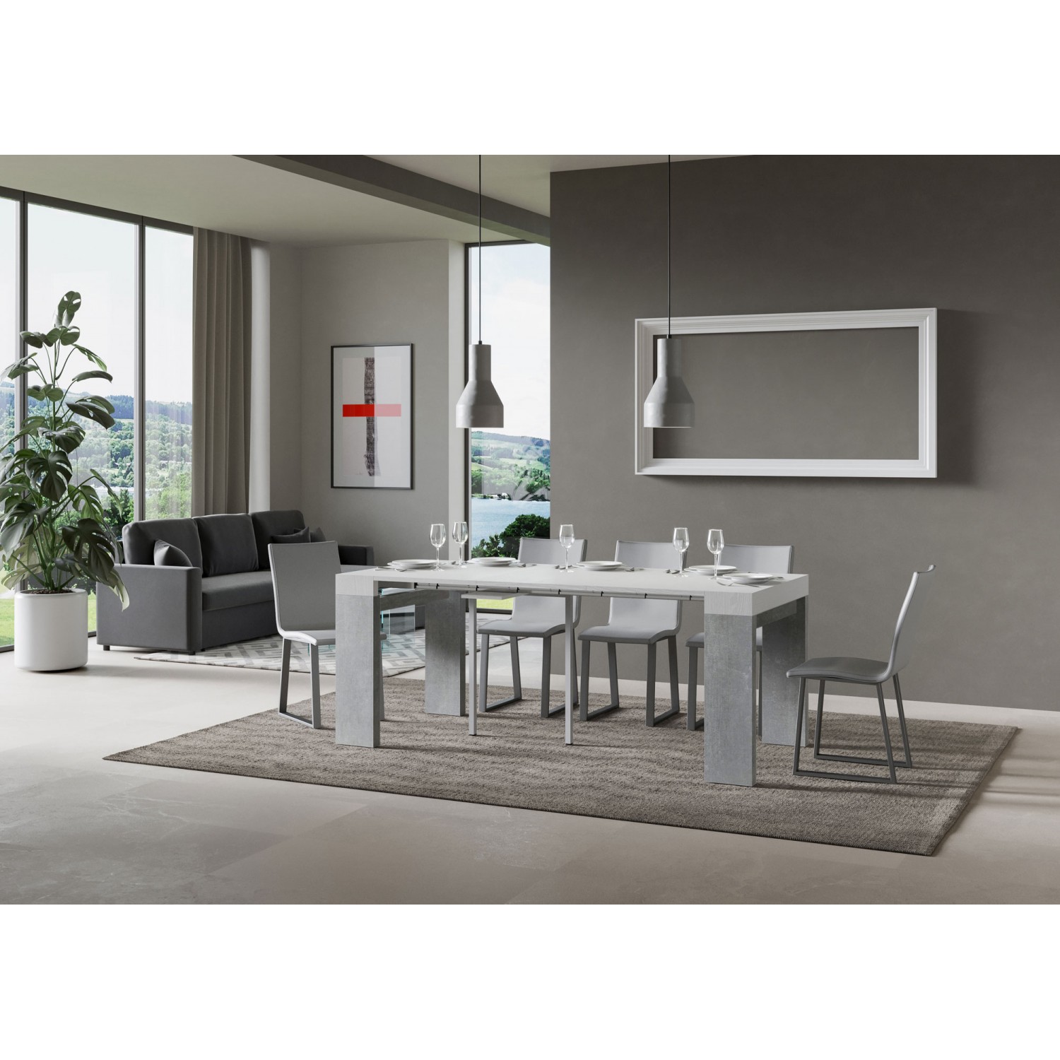 Itamoby Consolle allungabile 90x40/300 cm Roxell Mix piano Bianco Frassino - struttura Cemento