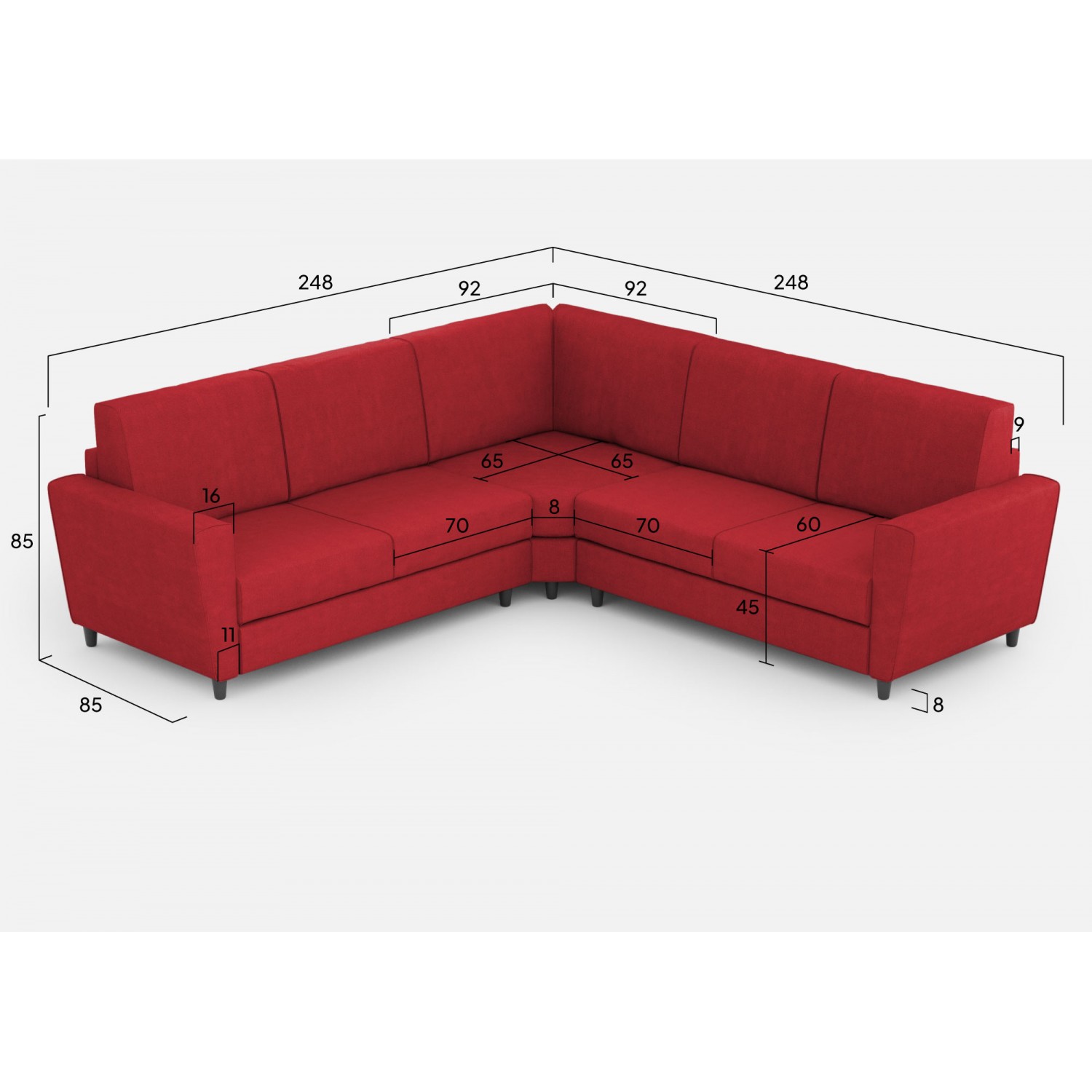 Ityhome Divano Yasel 2 posti medio (due sedute da 70cm) + angolo + divano 2 posti medio (due sedute da 70cm) misure esterne L.248x248 rosso