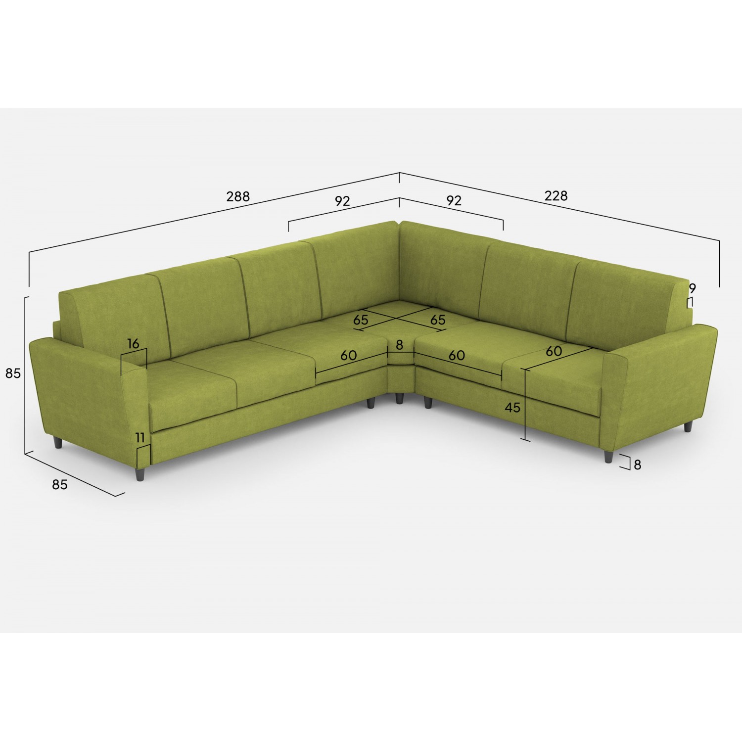 Ityhome Divano Yasel 3 posti  (tre sedute da 60cm) + angolo + divano 2 posti( due sedute da 60cm) misure esterne L.288x228 verde